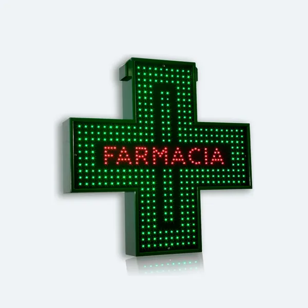 Croce a LED Farmacia 114x114 con la cassa verde e la scritta FARMACIA rossa