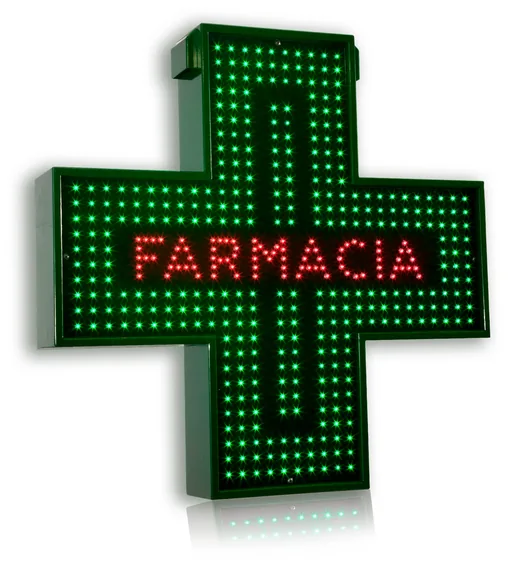 Croce LED verde per farmacia con la scritta FARMACIA a LED rossi