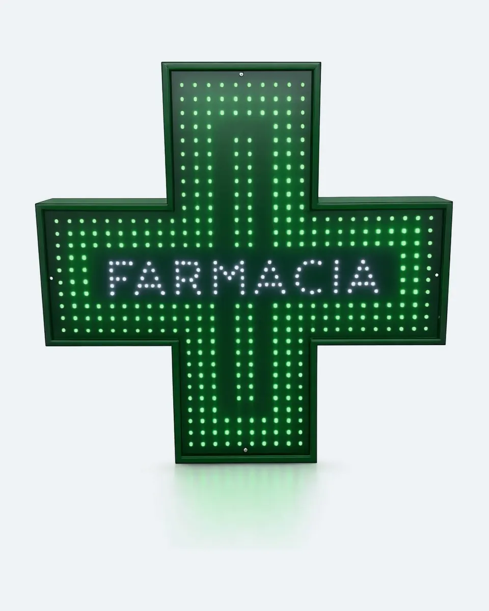 Croce a LED Farmacia 114x114 verde con la scritta FARMACIA bianca