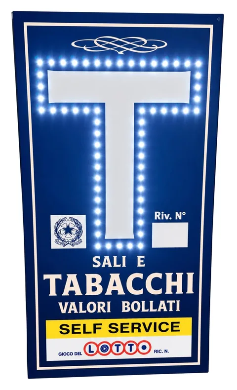 Insegna LED blu per tabaccheria con la T luminosa e la scritta Sali e Tabacchi