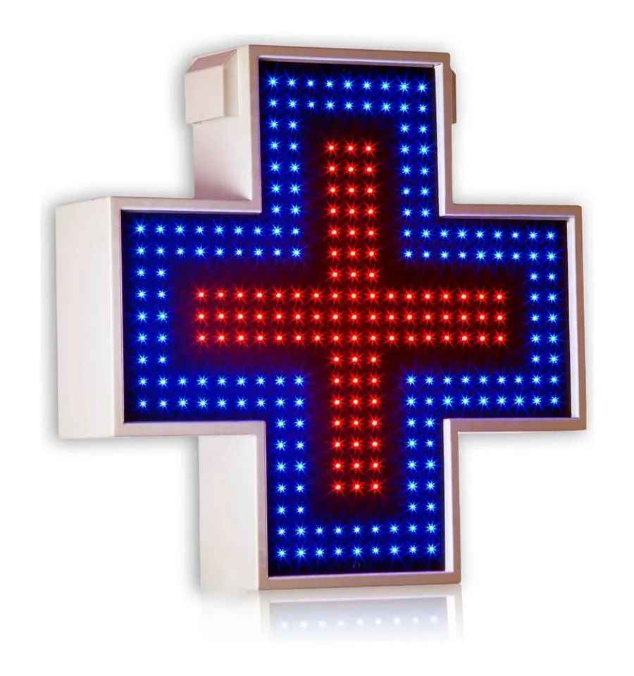 Croce a LED Parafarmacia 64x64 con la cassa bianca, la cornice blu e la croce rossa
